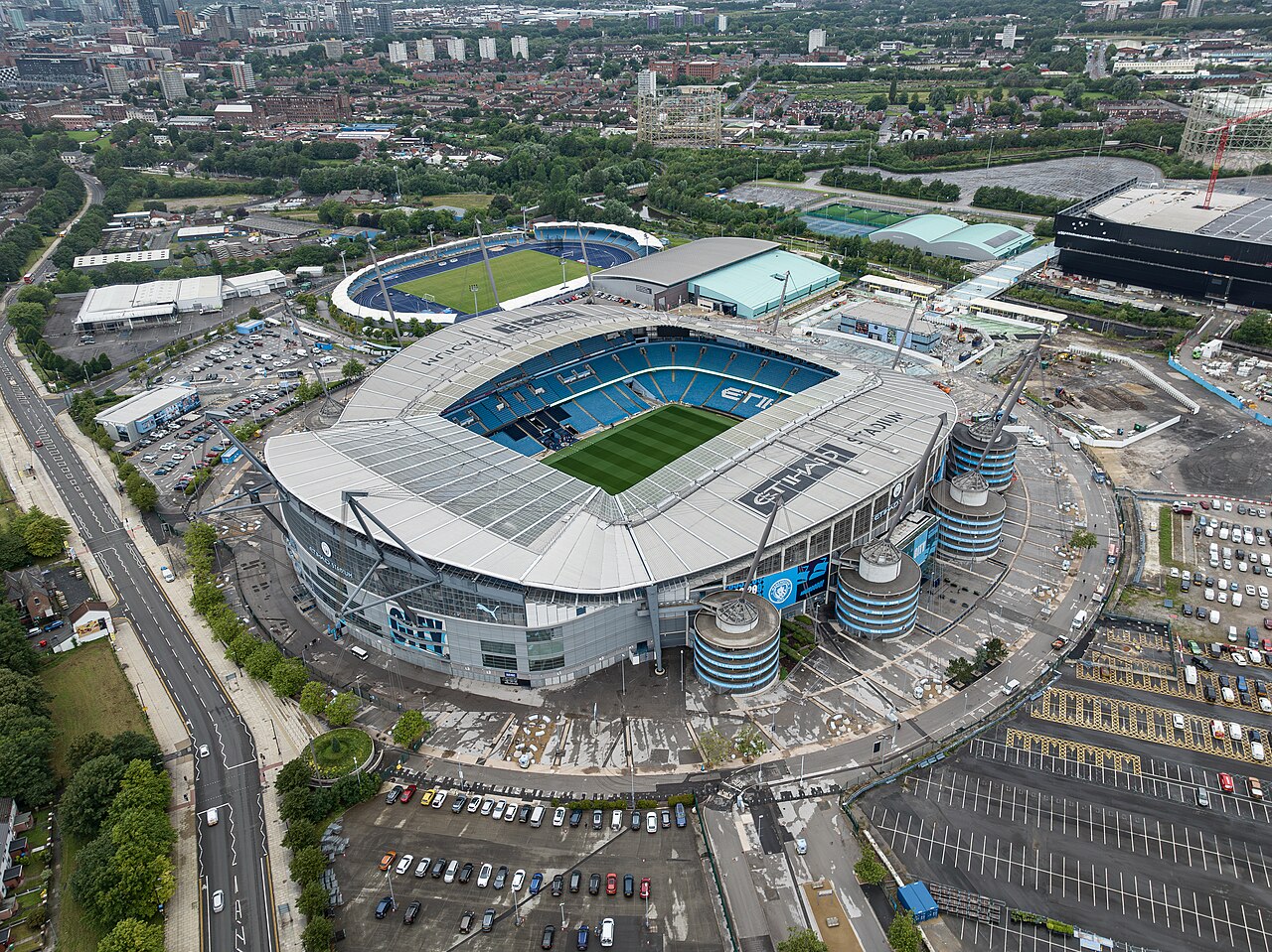Aerial view of the Etihad Stadium, home of Manchester City, in Manchester, England