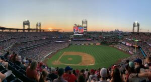 A full crowd inside Citizens Bank Park during golden hour