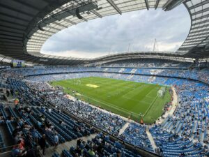 A packed crowd inside the Etihad Stadium in Manchester