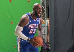 LeBron James in a Philadelphia 76ers No. 23 jersey at media day
